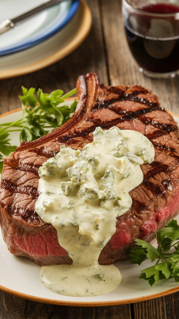 Juicy ribeye steak with creamy blue cheese sauce and parsley on a wooden table.